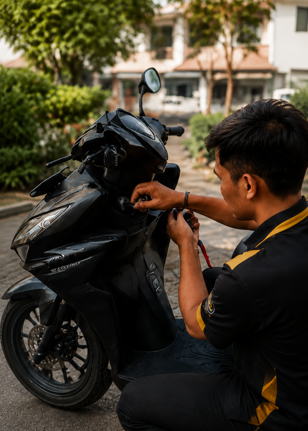 Proses pembuatan kunci motor baru dan registrasi remote smartkey keyless Honda Vario 150 oleh teknisi Jasa Kunci Brebes